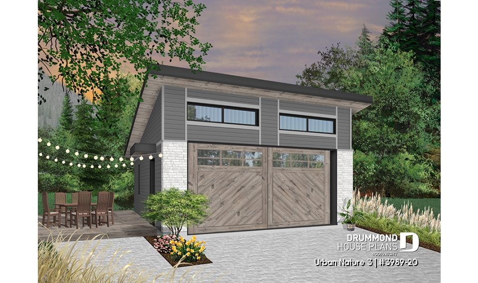 front - BASE MODEL - Two-car garage plan with one garage door, lateral door access, variable ceiling height - Urban Nature 3