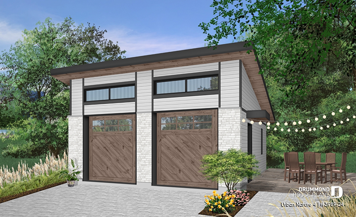 Color version 1 - Front - 2-car garage plan with 2 garage doors, lateral door access, 2 windows, variable ceiling height - Urban Nature 4