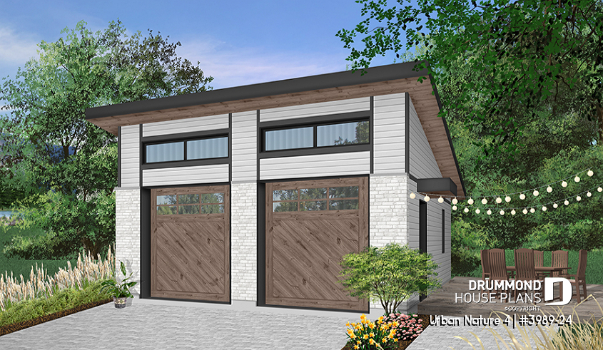 Color version 1 - Front - 2-car garage plan with 2 garage doors, lateral door access, 2 windows, variable ceiling height - Urban Nature 4