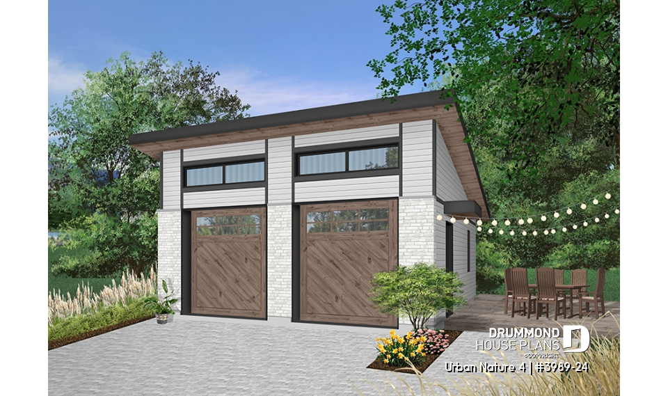 Color version 1 - Front - 2-car garage plan with 2 garage doors, lateral door access, 2 windows, variable ceiling height - Urban Nature 4