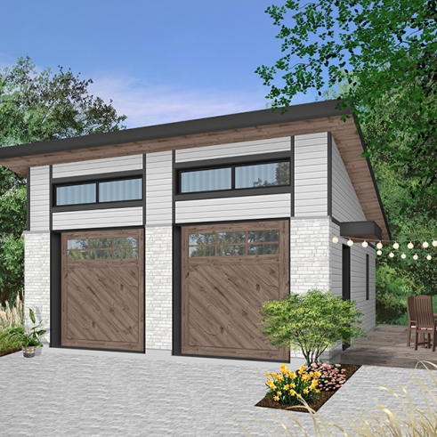 Color version 1 - Front - 2-car garage plan with 2 garage doors, lateral door access, 2 windows, variable ceiling height - Urban Nature 4
