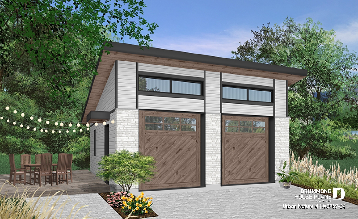 Color version 1 - Front - 2-car garage plan with 2 garage doors, lateral door access, 2 windows, variable ceiling height - Urban Nature 4