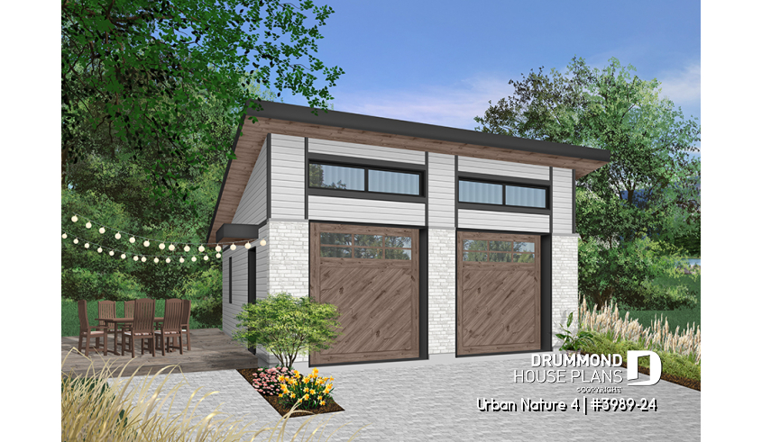 Color version 1 - Front - 2-car garage plan with 2 garage doors, lateral door access, 2 windows, variable ceiling height - Urban Nature 4