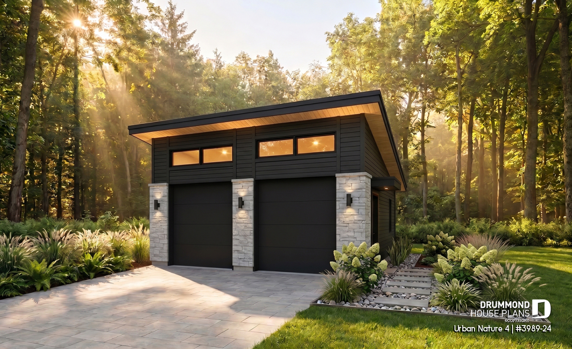 front - BASE MODEL - 2-car garage plan with 2 garage doors, lateral door access, 2 windows, variable ceiling height - Urban Nature 4