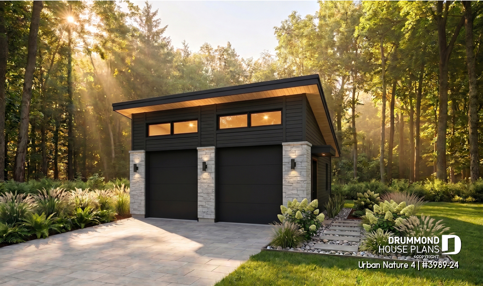 front - BASE MODEL - 2-car garage plan with 2 garage doors, lateral door access, 2 windows, variable ceiling height - Urban Nature 4