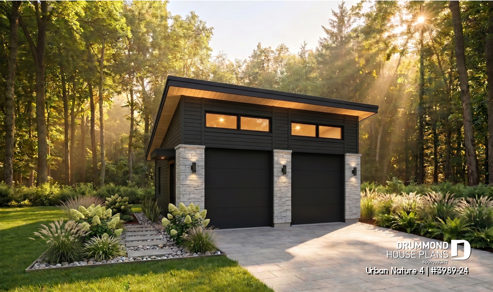 front - BASE MODEL - 2-car garage plan with 2 garage doors, lateral door access, 2 windows, variable ceiling height - Urban Nature 4