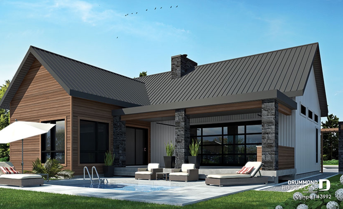 Rear view - BASE MODEL - Modern Scandinavian house plan, cathedral ceiling w/exposed wood beams, open floor plan, outdoor kitchen - Olympe