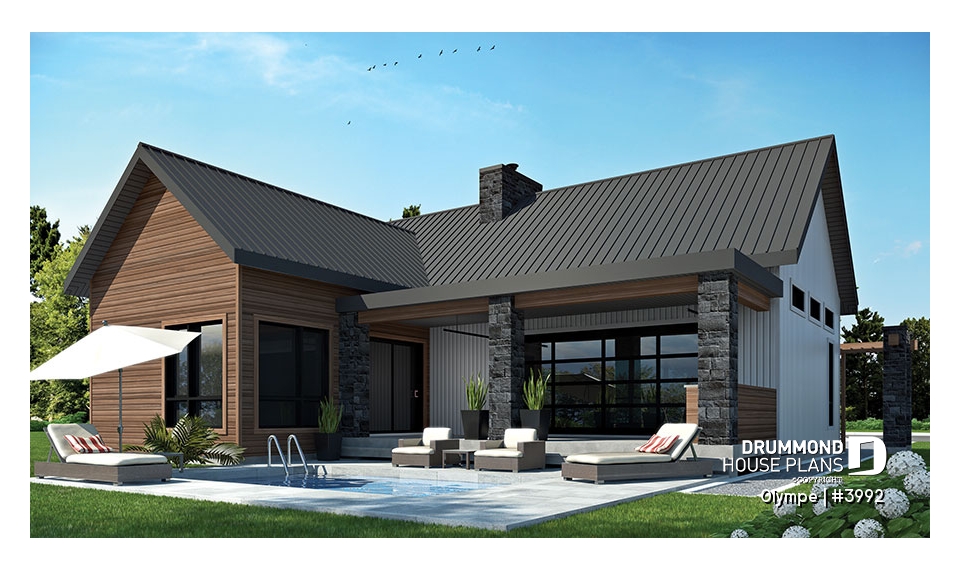 Rear view - BASE MODEL - Modern Scandinavian house plan, cathedral ceiling w/exposed wood beams, open floor plan, outdoor kitchen - Olympe