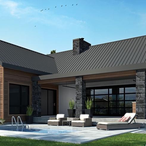 Rear view - BASE MODEL - Modern Scandinavian house plan, cathedral ceiling w/exposed wood beams, open floor plan, outdoor kitchen - Olympe
