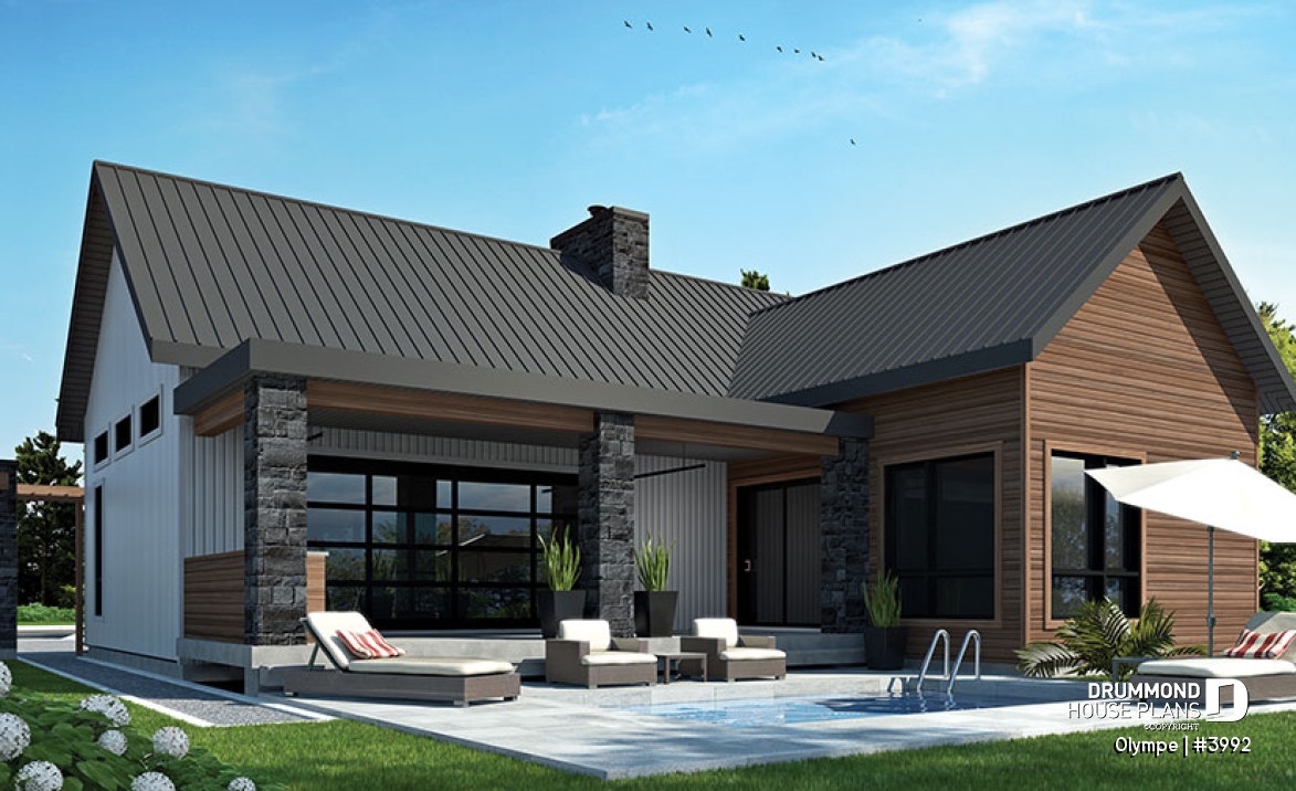 Rear view - BASE MODEL - Modern Scandinavian house plan, cathedral ceiling w/exposed wood beams, open floor plan, outdoor kitchen - Olympe