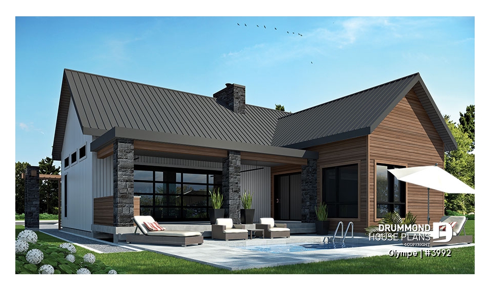 Rear view - BASE MODEL - Modern Scandinavian house plan, cathedral ceiling w/exposed wood beams, open floor plan, outdoor kitchen - Olympe