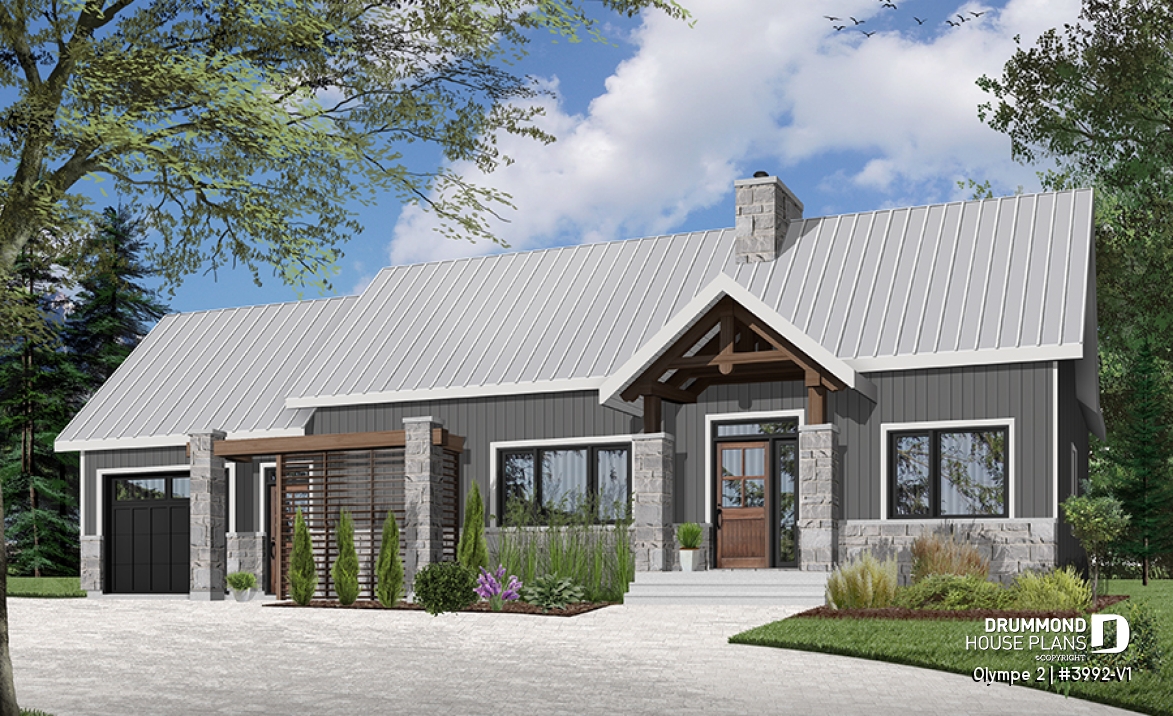 front - BASE MODEL - Small modern cape cod house plan, cathedral ceiling, 1-car garage, large covered terrace, fireplace -  Olympe 2
