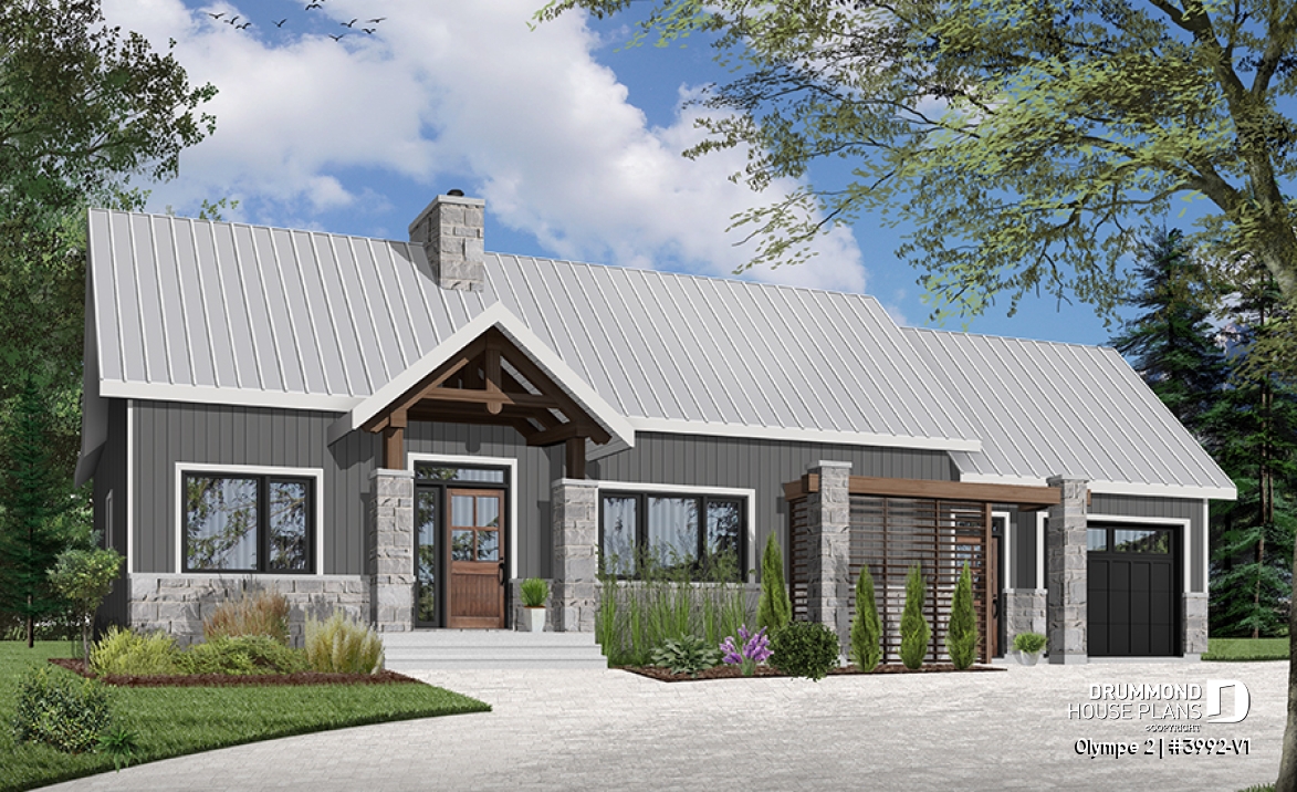 front - BASE MODEL - Small modern cape cod house plan, cathedral ceiling, 1-car garage, large covered terrace, fireplace -  Olympe 2