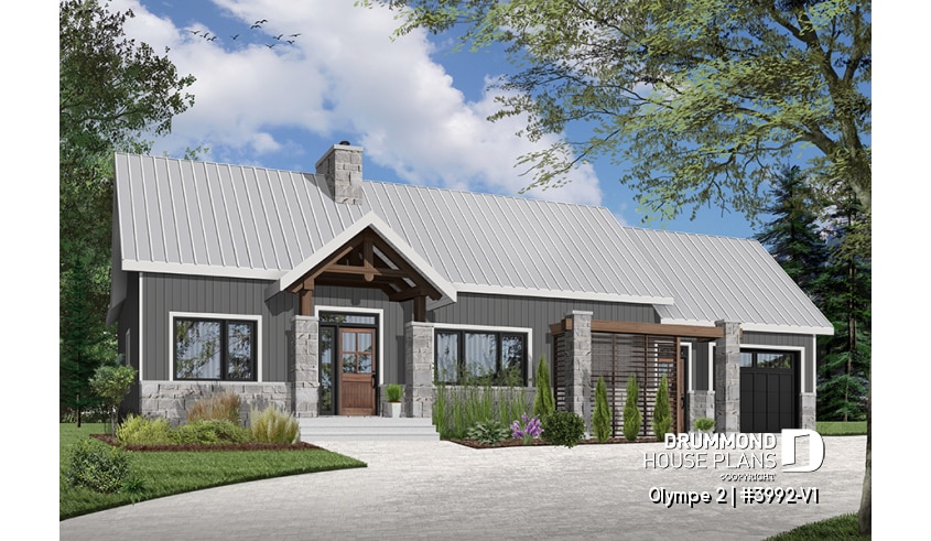 front - BASE MODEL - Small modern cape cod house plan, cathedral ceiling, 1-car garage, large covered terrace, fireplace -  Olympe 2