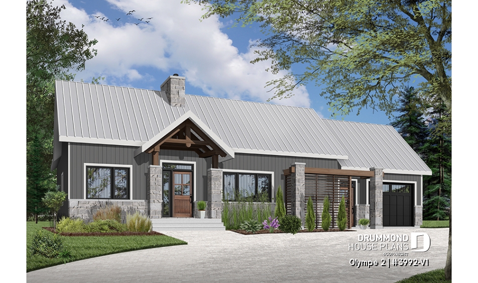 front - BASE MODEL - Small modern cape cod house plan, cathedral ceiling, 1-car garage, large covered terrace, fireplace -  Olympe 2