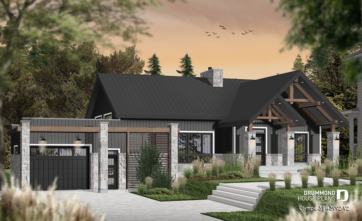 front - BASE MODEL - 3 bedroom small modern Farmhouse home plan, garage, cathedral ceiling, large covered deck, open living concept - Olympe 3