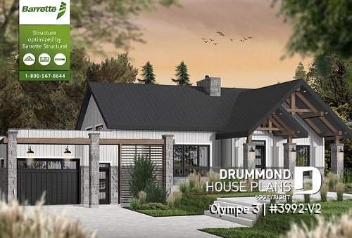 front - BASE MODEL - 3 bedroom small modern Farmhouse home plan, garage, cathedral ceiling, large covered deck, open living concept - Olympe 3