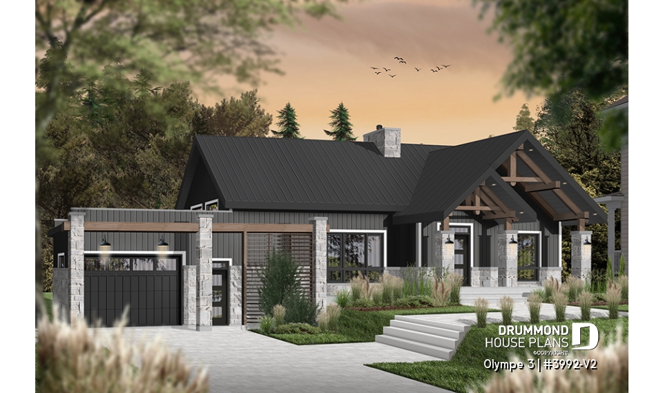 front - BASE MODEL - 3 bedroom small modern Farmhouse home plan, garage, cathedral ceiling, large covered deck, open living concept - Olympe 3