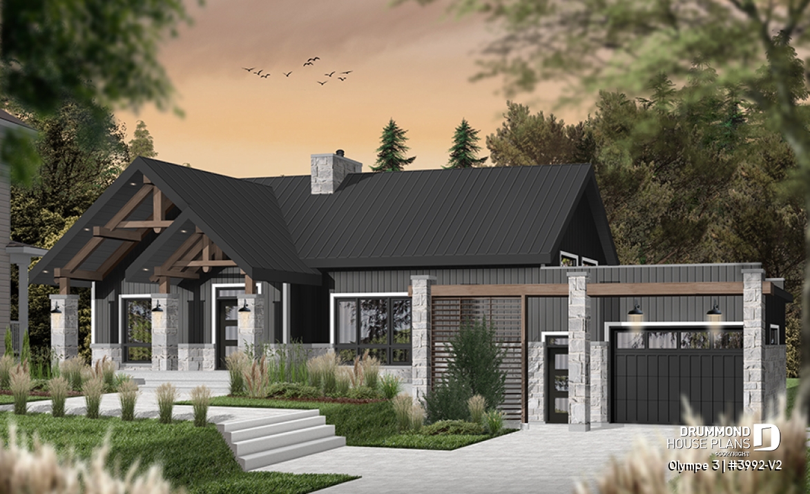 front - BASE MODEL - 3 bedroom small modern Farmhouse home plan, garage, cathedral ceiling, large covered deck, open living concept - Olympe 3