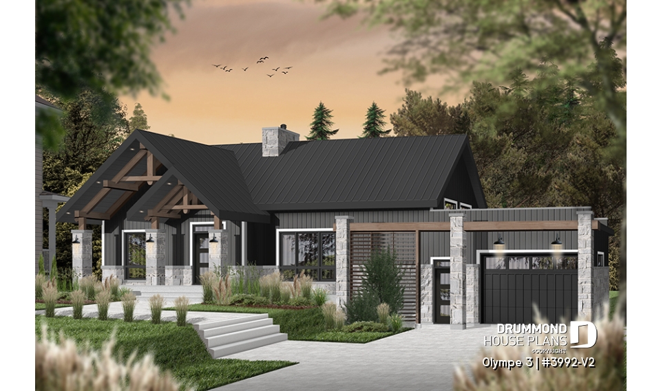 front - BASE MODEL - 3 bedroom small modern Farmhouse home plan, garage, cathedral ceiling, large covered deck, open living concept - Olympe 3