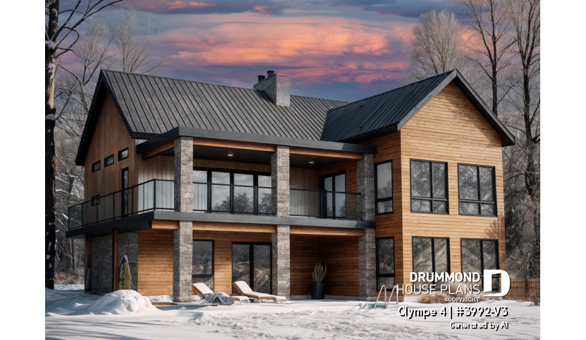 front - BASE MODEL - 3 bedroom waterfront cottage plan with walkout basement, 2 covered terraces, cathedral ceiling and more! - Olympe 4