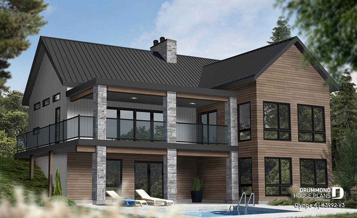 Rear view - BASE MODEL - Country-Style Chalet Plan – Walk-Out Basement, 3 Bedrooms, 2 Terraces and Central Fireplace - Olympe 4