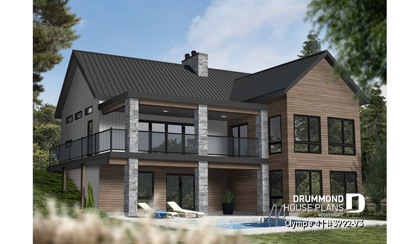 Rear view - BASE MODEL - 3 bedroom waterfront cottage plan with walkout basement, 2 covered terraces, cathedral ceiling and more! - Olympe 4