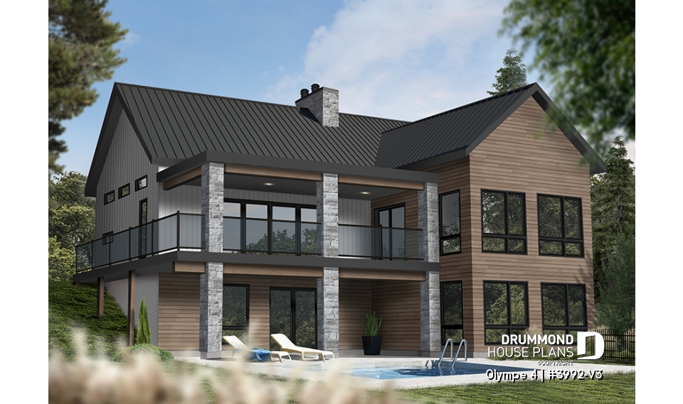 Rear view - BASE MODEL - Country-Style Chalet Plan – Walk-Out Basement, 3 Bedrooms, 2 Terraces and Central Fireplace - Olympe 4