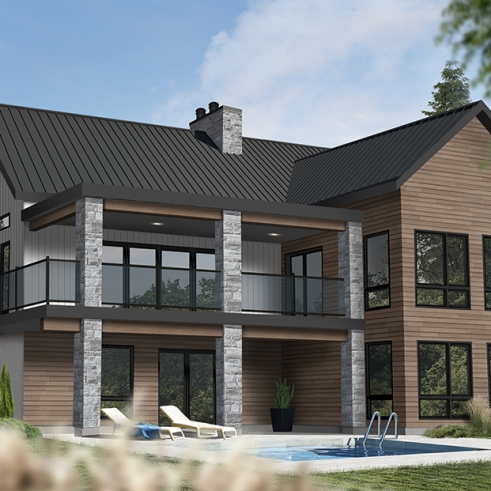 Rear view - BASE MODEL - Country-Style Chalet Plan – Walk-Out Basement, 3 Bedrooms, 2 Terraces and Central Fireplace - Olympe 4