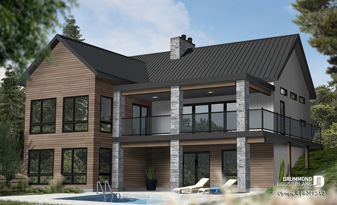 Rear view - BASE MODEL - Country-Style Chalet Plan – Walk-Out Basement, 3 Bedrooms, 2 Terraces and Central Fireplace - Olympe 4