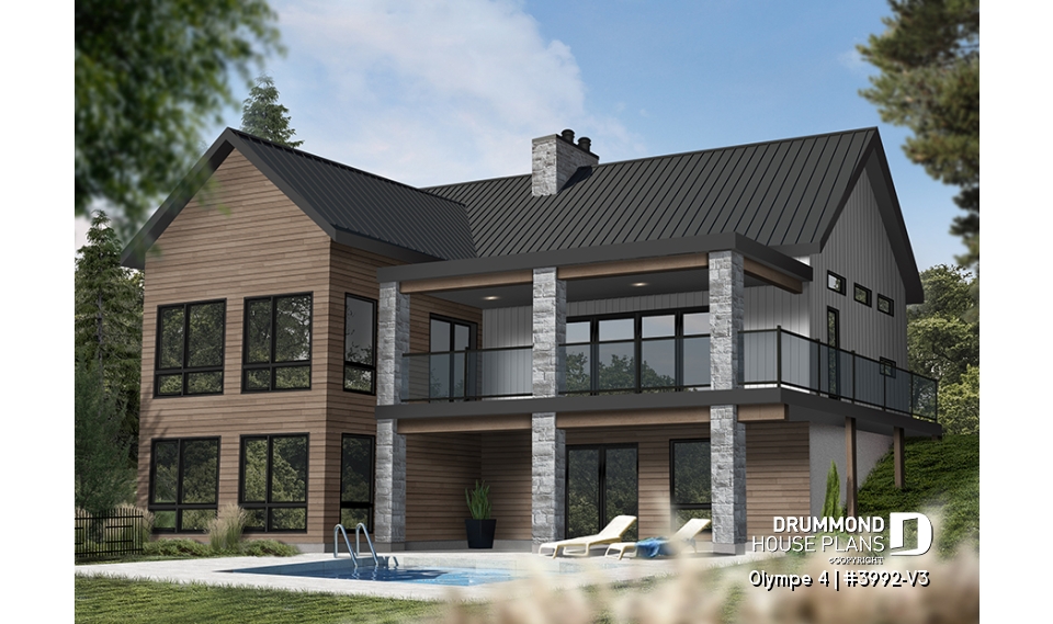 Rear view - BASE MODEL - Country-Style Chalet Plan – Walk-Out Basement, 3 Bedrooms, 2 Terraces and Central Fireplace - Olympe 4