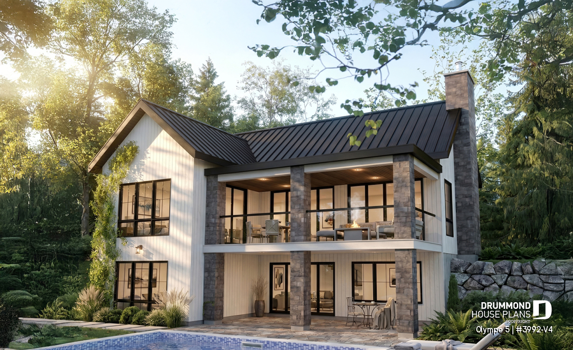 Rear view - BASE MODEL - 4-Bedroom Walkout Basement House Plan with Two Large Covered Terraces - Olympe 5