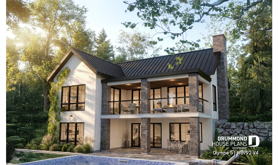 Rear view - BASE MODEL - 4-Bedroom Walkout Basement House Plan with Two Large Covered Terraces - Olympe 5