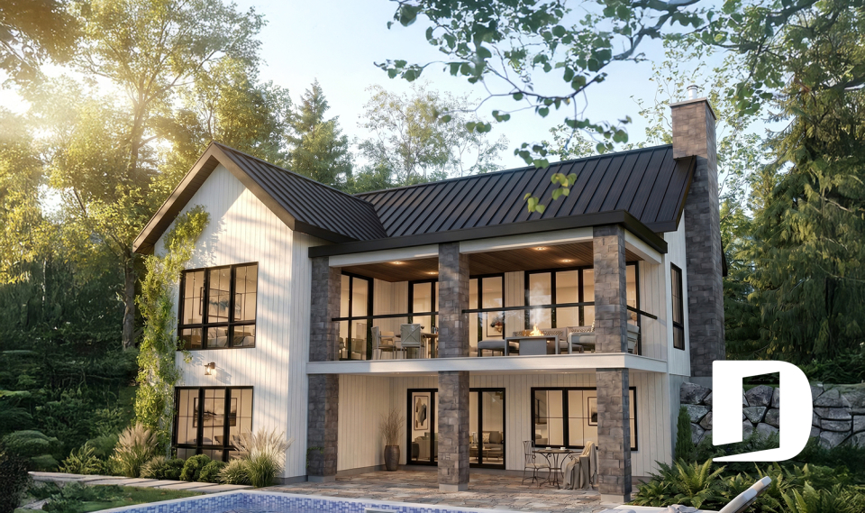 Rear view - BASE MODEL - 4-Bedroom Walkout Basement House Plan with Two Large Covered Terraces - Olympe 5