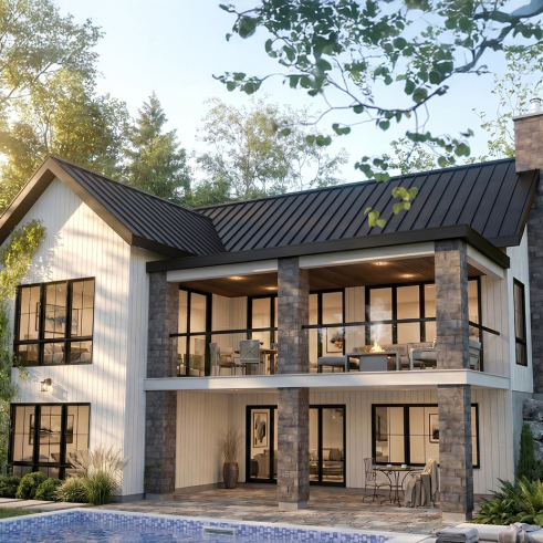 Rear view - BASE MODEL - 4-Bedroom Walkout Basement House Plan with Two Large Covered Terraces - Olympe 5