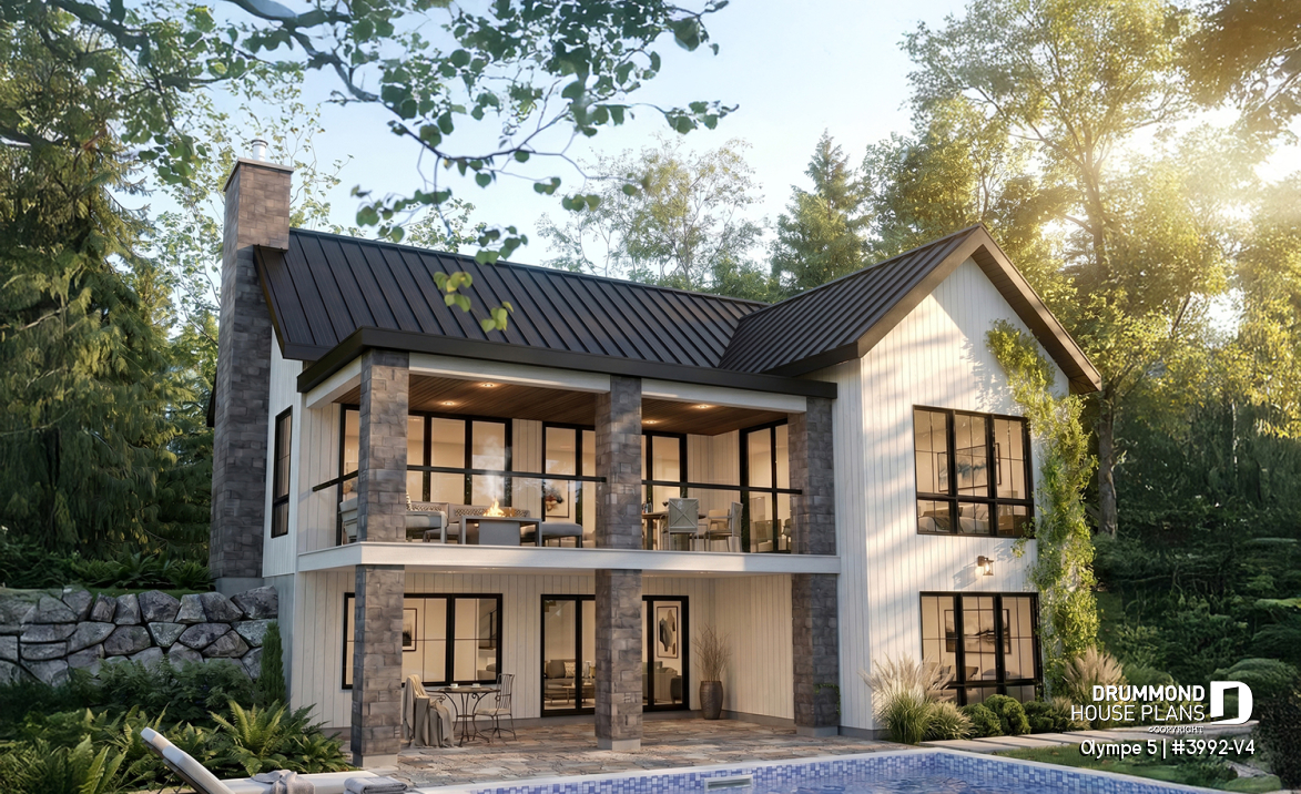 Rear view - BASE MODEL - 4-Bedroom Walkout Basement House Plan with Two Large Covered Terraces - Olympe 5