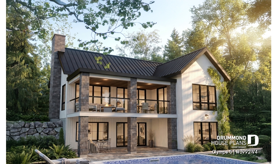 Rear view - BASE MODEL - 4-Bedroom Walkout Basement House Plan with Two Large Covered Terraces - Olympe 5