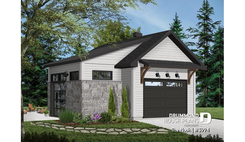 Color version 2 - Front - One-car detached garage with entertaining area, front and side garage doors, man cave garage plan - The Nook