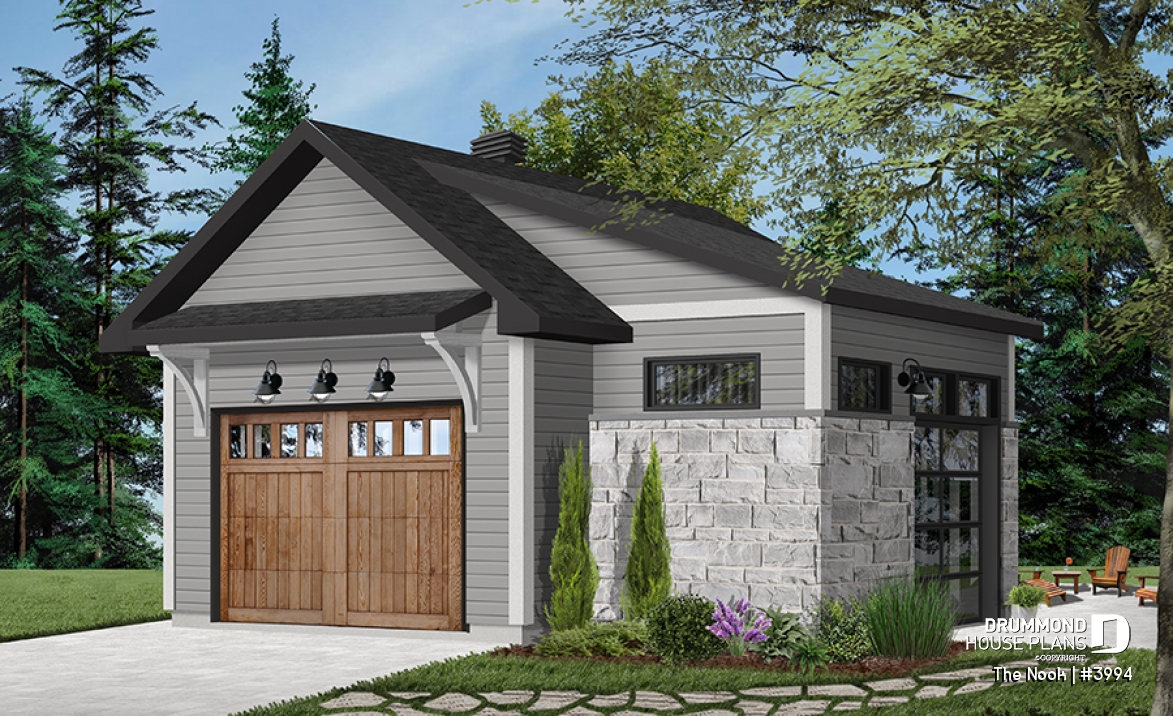 Color version 5 - Front - One-car detached garage with entertaining area, front and side garage doors, man cave garage plan - The Nook