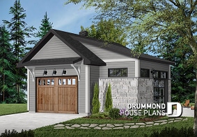 Color version 5 - Front - One-car detached garage with entertaining area, front and side garage doors, man cave garage plan - The Nook