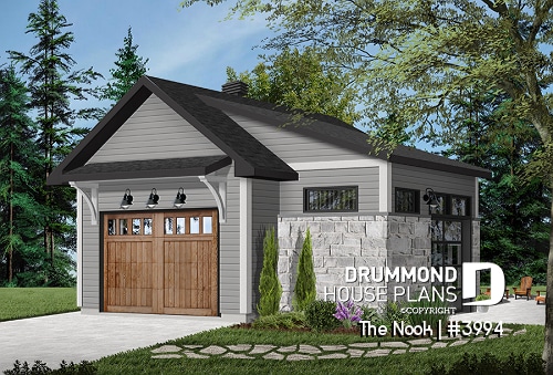Color version 5 - Front - One-car detached garage with entertaining area, front and side garage doors, man cave garage plan - The Nook