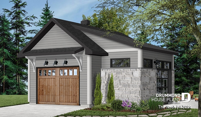 Color version 5 - Front - One-car detached garage with entertaining area, front and side garage doors, man cave garage plan - The Nook