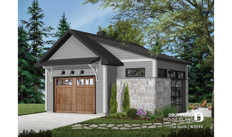 Color version 5 - Front - One-car detached garage with entertaining area, front and side garage doors, man cave garage plan - The Nook