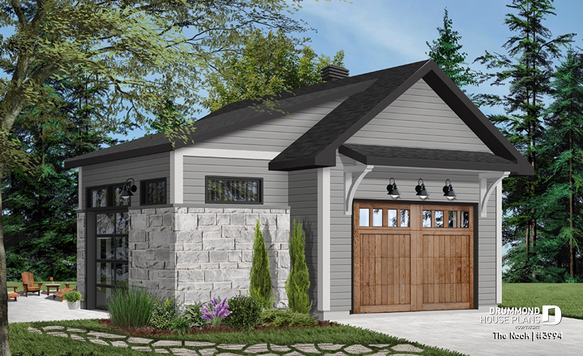 Color version 5 - Front - One-car detached garage with entertaining area, front and side garage doors, man cave garage plan - The Nook
