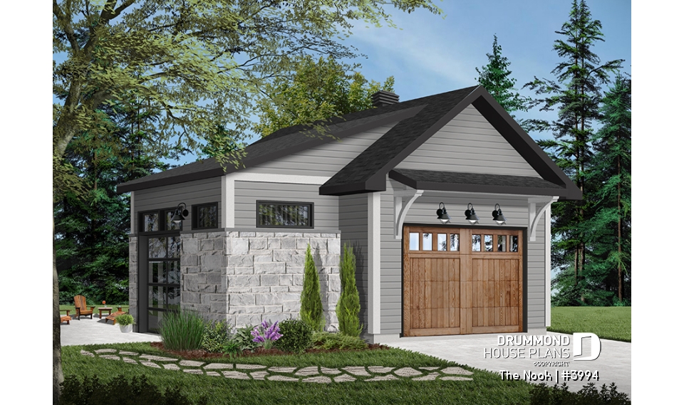 Color version 5 - Front - One-car detached garage with entertaining area, front and side garage doors, man cave garage plan - The Nook