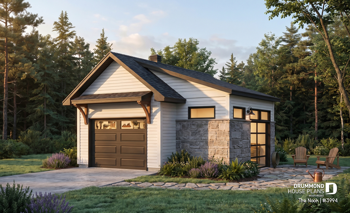 front - BASE MODEL - One-car detached garage with entertaining area, front and side garage doors, man cave garage plan - The Nook