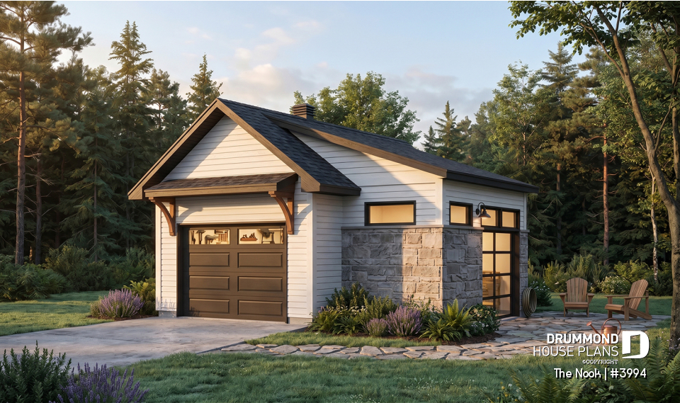 front - BASE MODEL - One-car detached garage with entertaining area, front and side garage doors, man cave garage plan - The Nook