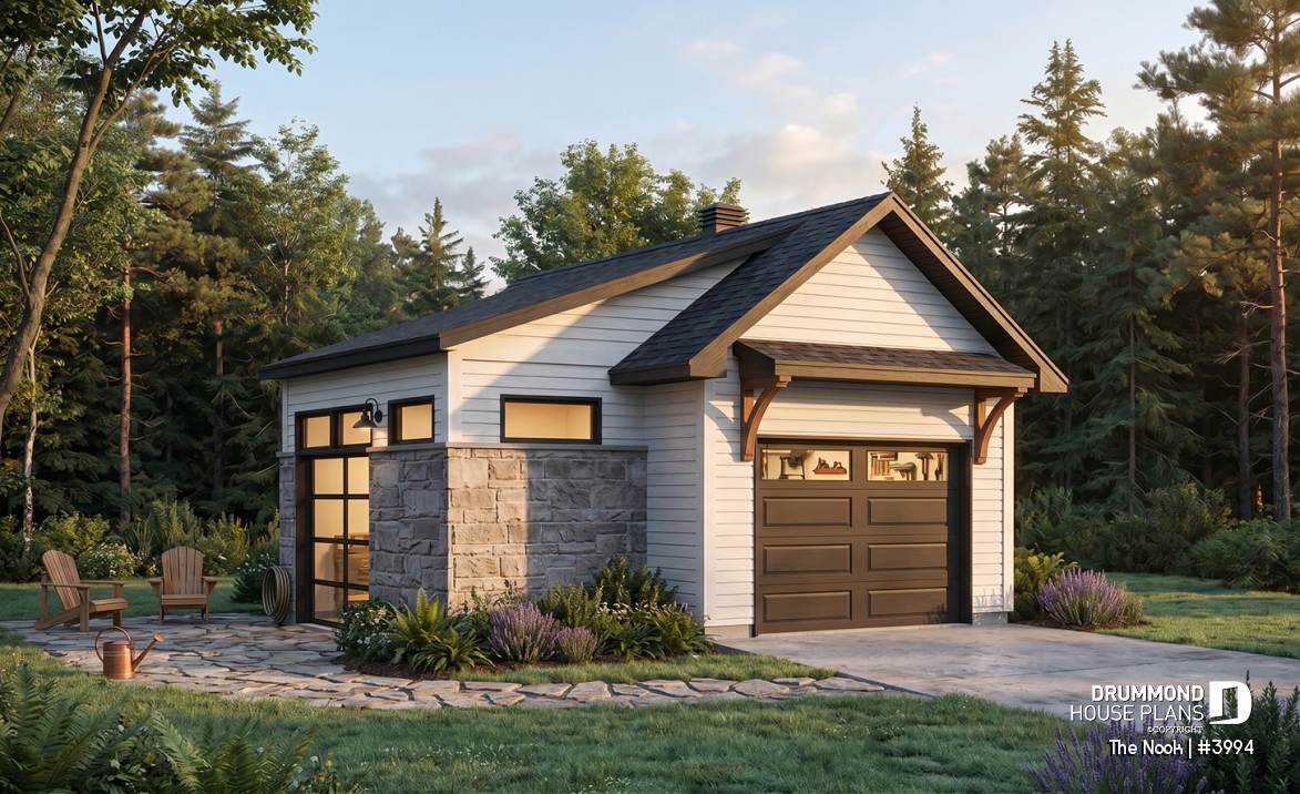 front - BASE MODEL - One-car detached garage with entertaining area, front and side garage doors, man cave garage plan - The Nook