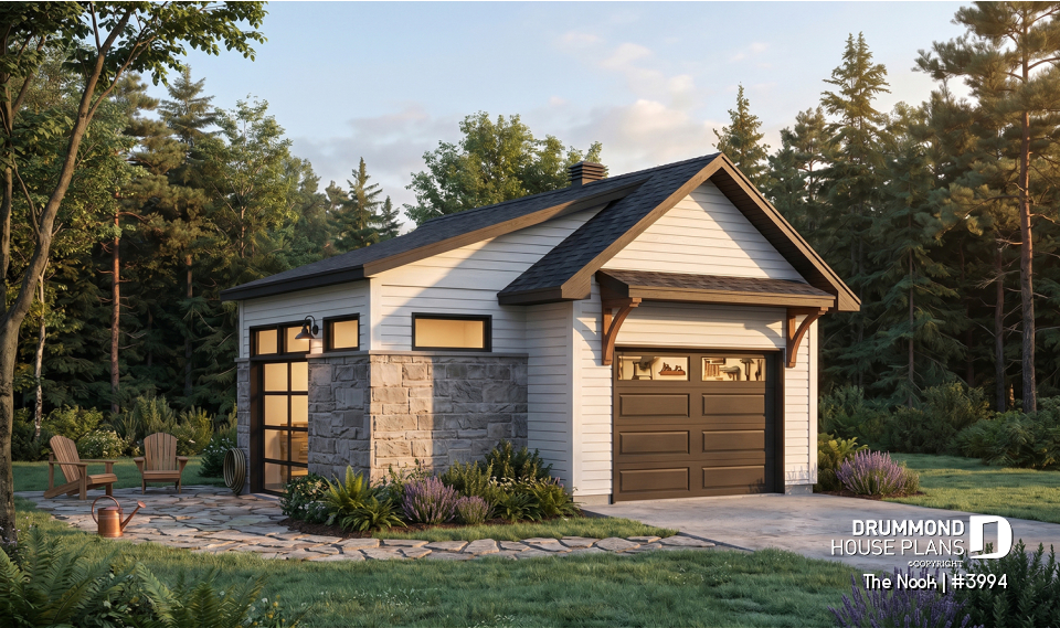 front - BASE MODEL - One-car detached garage with entertaining area, front and side garage doors, man cave garage plan - The Nook
