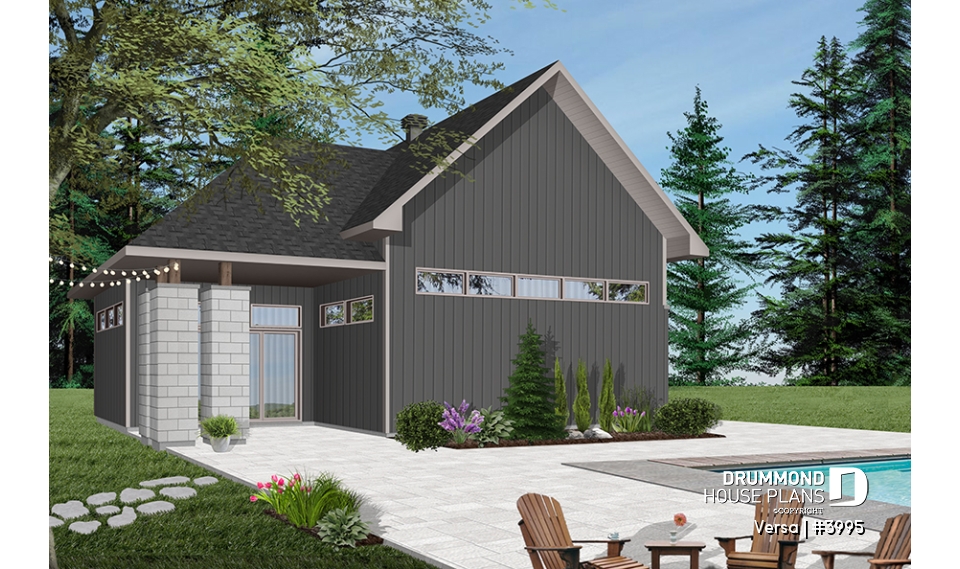 Color version 1 - Rear - 2-car garage plan with entertainment area or workshop area, two-car garage plan with storage - Versa